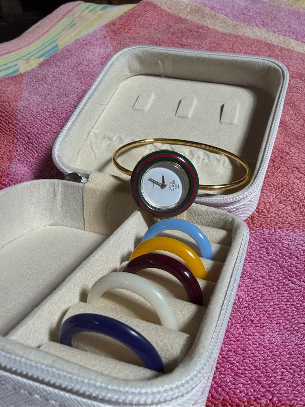 Gucci Gold Bangle Watch with Multicolor Interchangeable Rings
